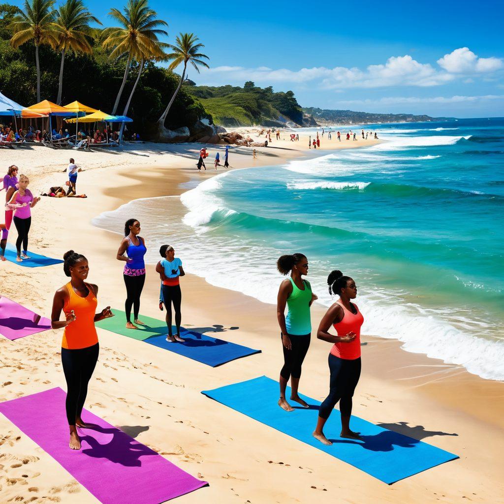 A vibrant beach scene depicting diverse individuals wearing colorful beachwear, engaged in a charity fitness event. Include elements like yoga mats, heart health awareness posters, and volunteers assisting participants with smiles. The background features a beautiful ocean with gentle waves, symbolizing tranquility and strength. Emphasize a sense of community and positivity. super-realistic. vibrant colors. sunny day.