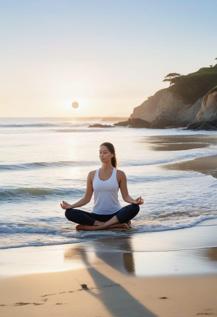 A serene coastal scene with gentle waves lapping the shore, illustrating a diverse group of people engaging in supportive activities like yoga and group discussions. Incorporate symbols of mental wellness, such as serene faces and heart motifs, blended with elements of nature like lush greenery and calming blue tones. Capture an uplifting, community-centric atmosphere, showcasing connection and care. watercolor style. soft pastel colors. natural light.