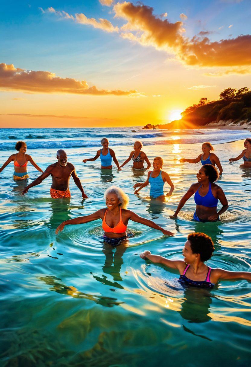 A serene beach scene showcasing diverse individuals of different ages and backgrounds joyfully swimming together in clear blue water, surrounded by gentle waves. Emphasize vibrant swimwear and engaging community activities like group exercises and laughter. In the background, a sunset casts warm light, symbolizing joy and healing. super-realistic. vibrant colors. warm tones.
